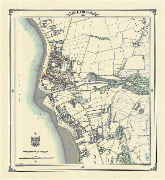 Coloured Victorian map of Largs in 1855 by Peter J Adams of Heritage Cartography