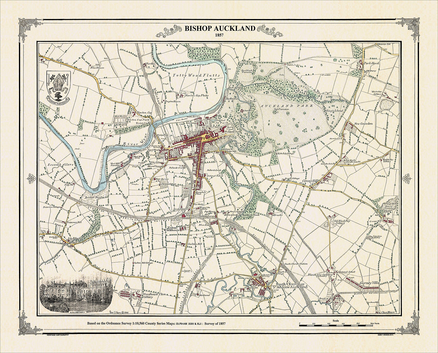 Coloured Victorian map of Bishop Auckland in 1857 by Peter J Adams of Heritage Cartography