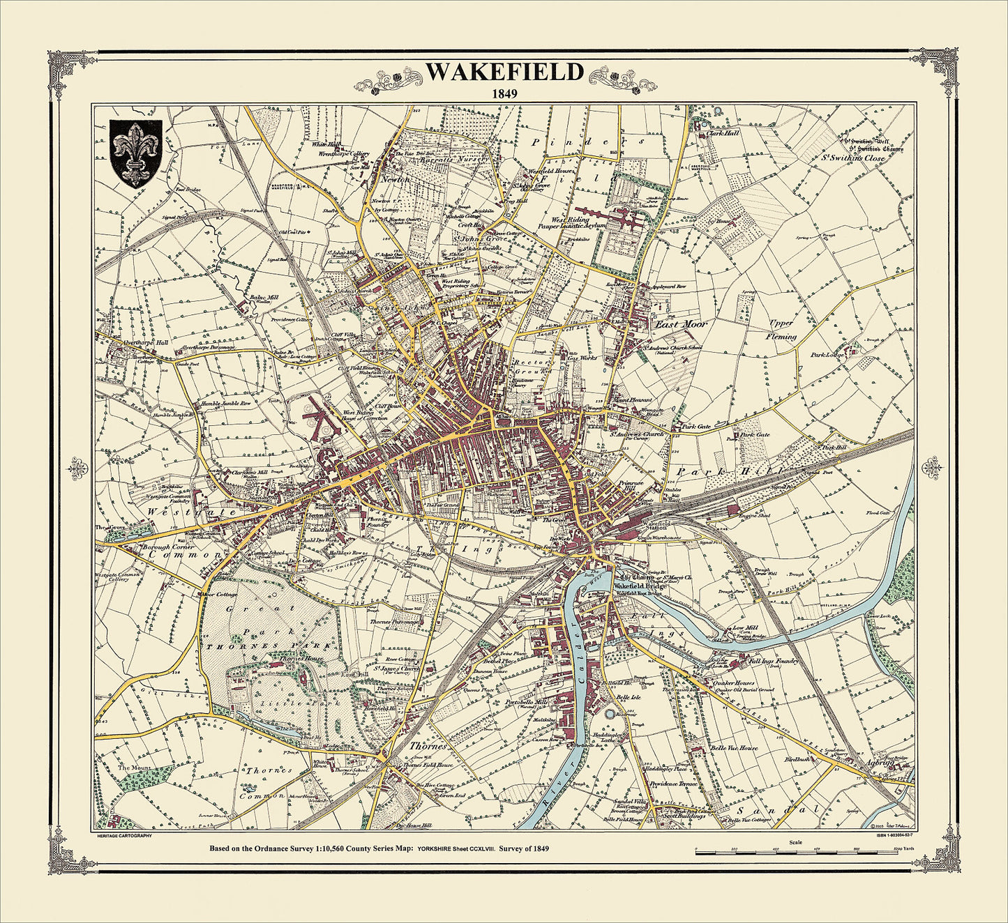 Coloured Victorian map of Wakefield in 1849 by Peter J Adams of Heritage Cartography