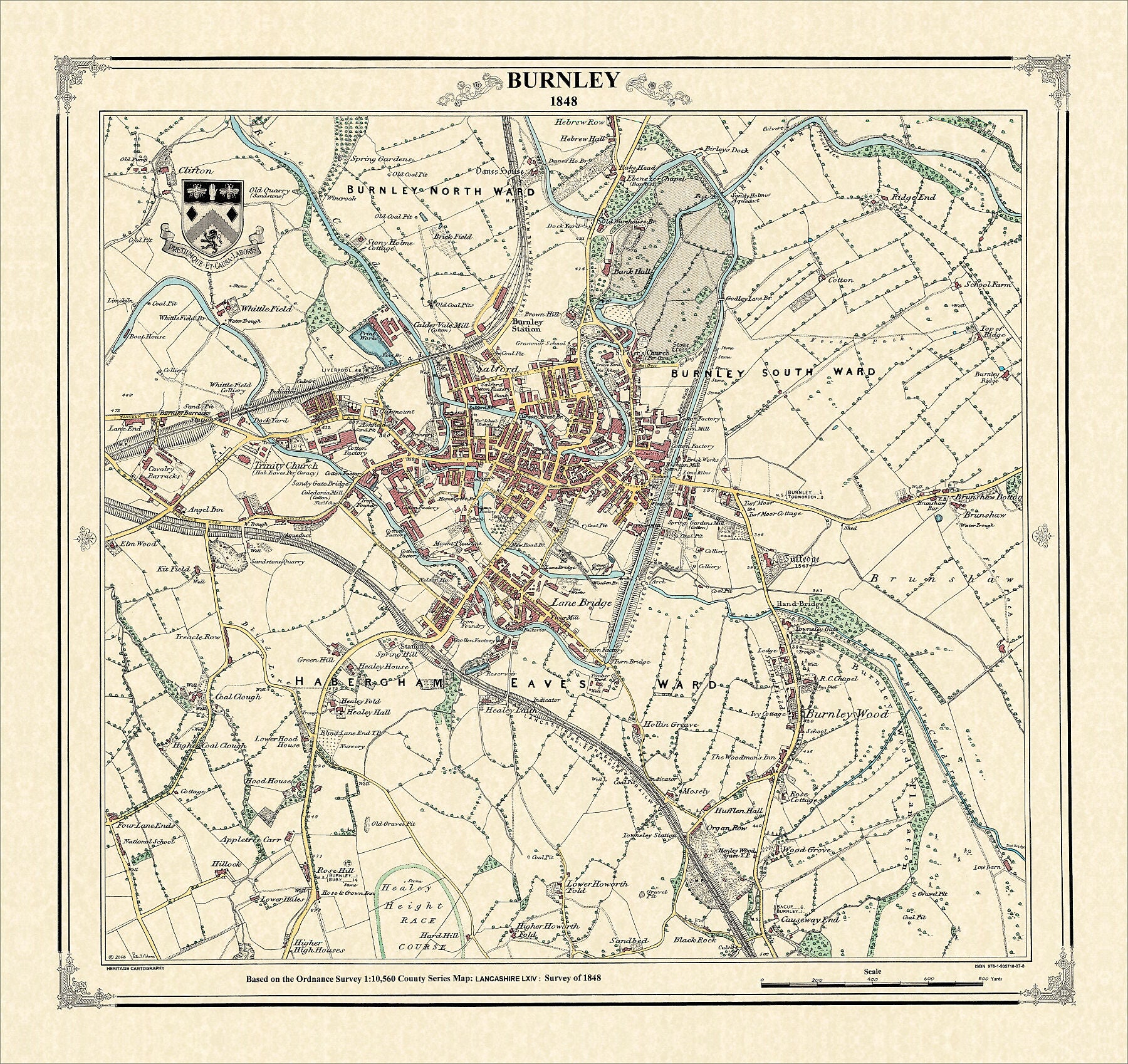 Coloured Victorian map of Burnley in 1848 by Peter J Adams of Heritage Cartography