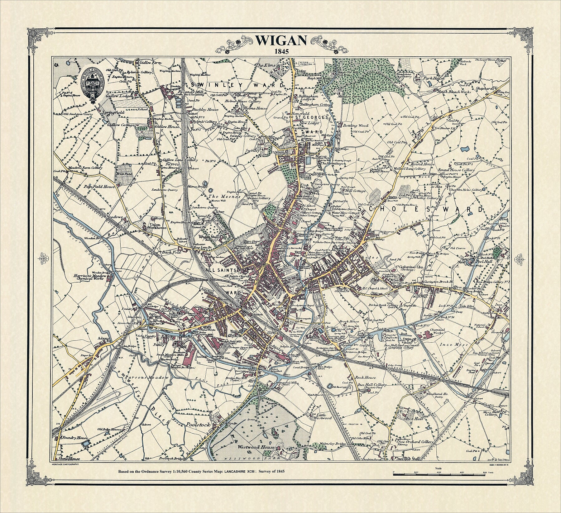 Coloured Victorian map of Wigan in 1845 by Peter J Adams of Heritage Cartography