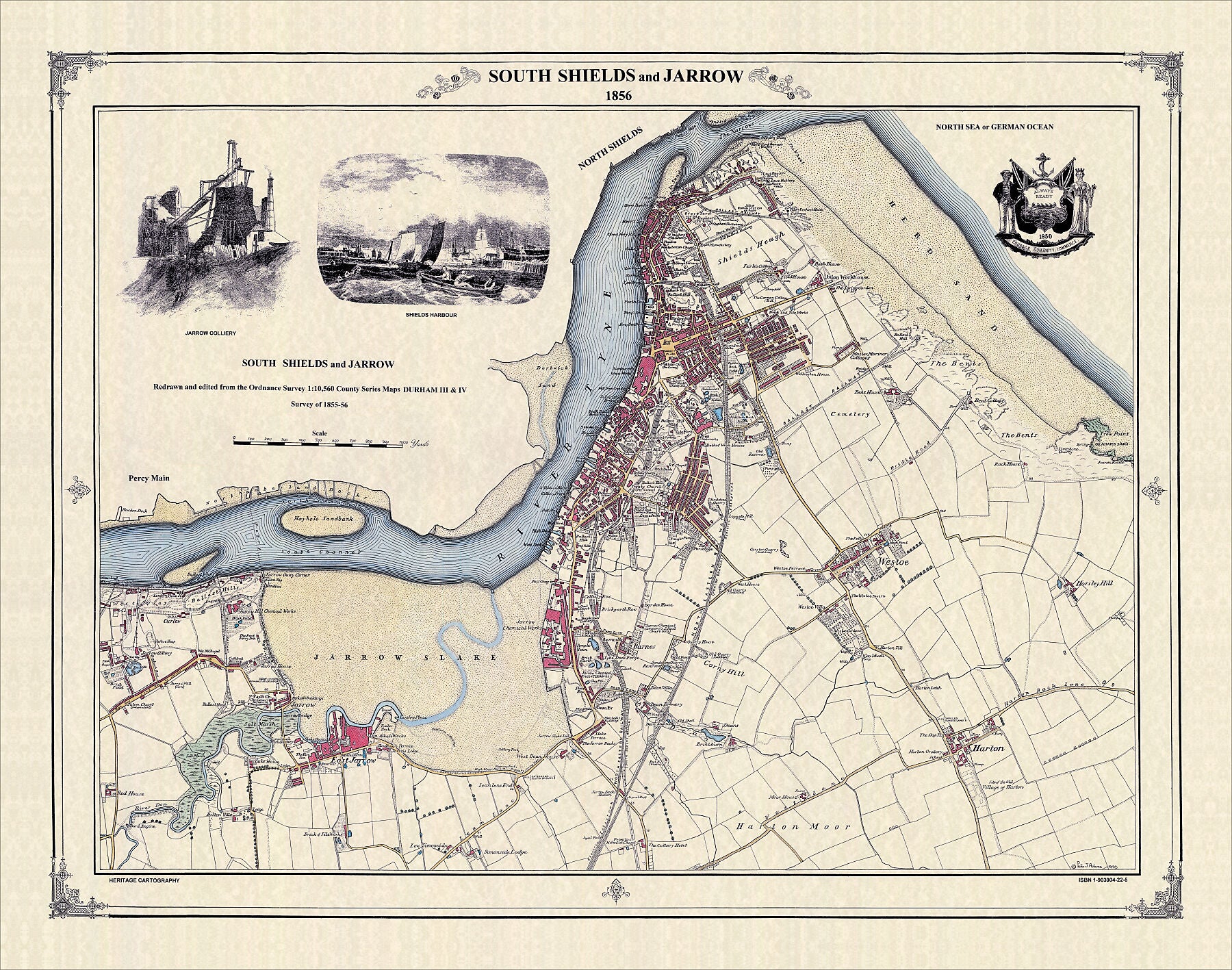 Coloured Victorian map of South Shields and Jarrow in 1856 by Peter J Adams of Heritage Cartography