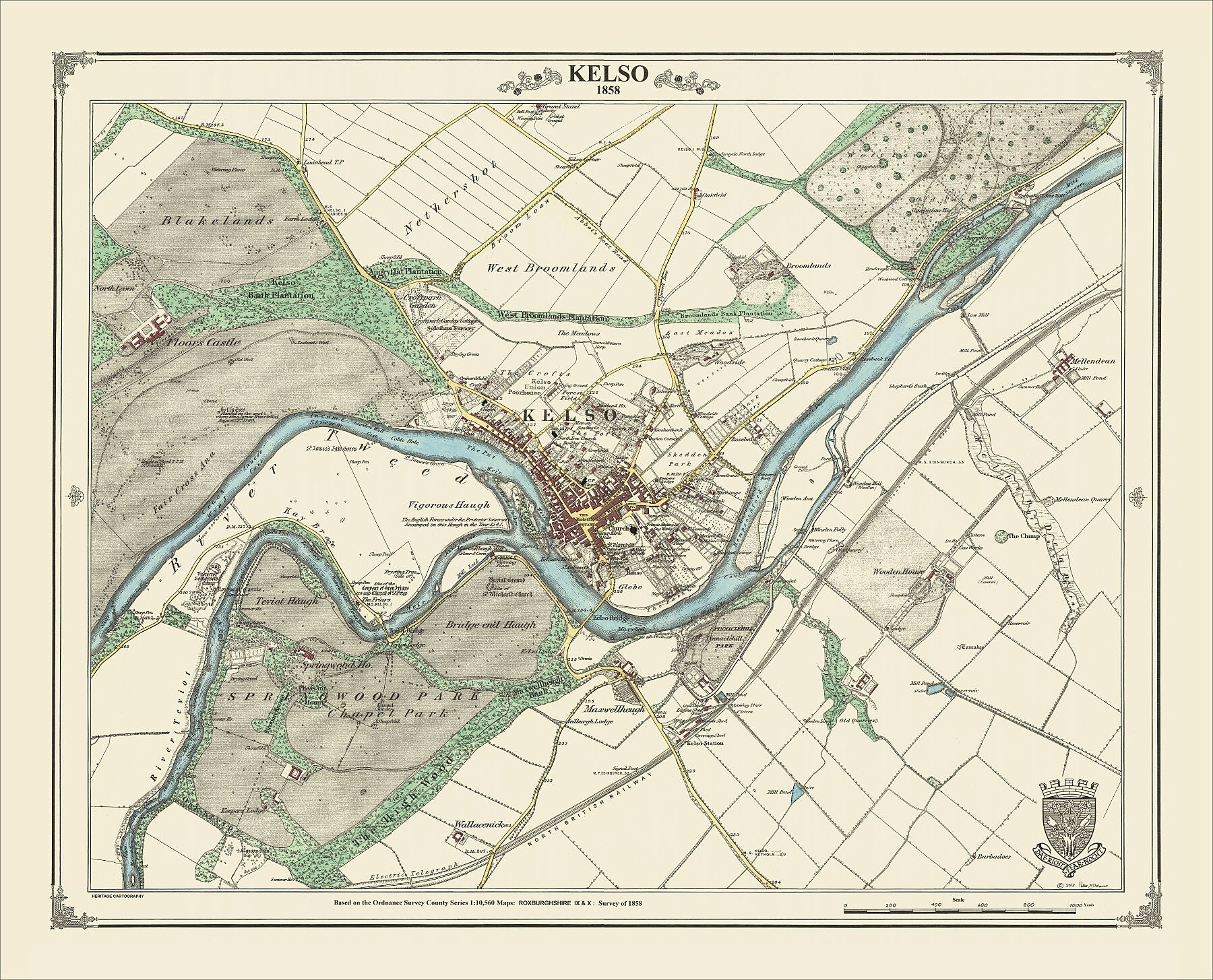 Coloured Victorian map of Kelso in 1858 by Peter J Adams of Heritage Cartography