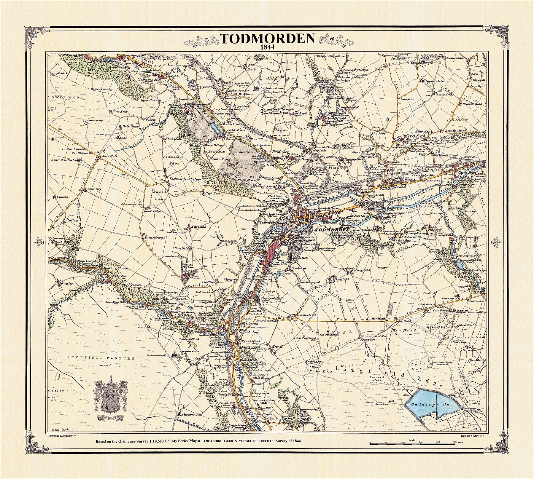 Coloured Victorian map of Todmorden in 1844 by Peter J Adams of Heritage Cartography