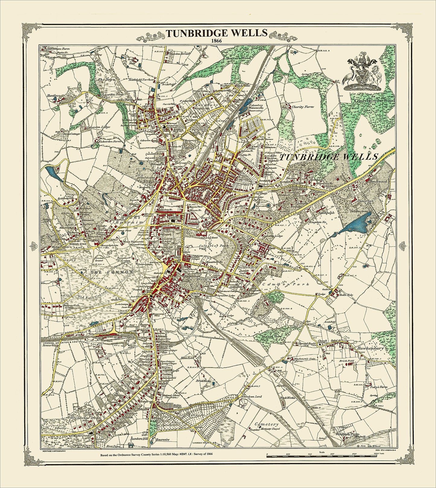 Coloured Victorian map of Tunbridge Wells in 1866 by Peter J Adams of Heritage Cartography