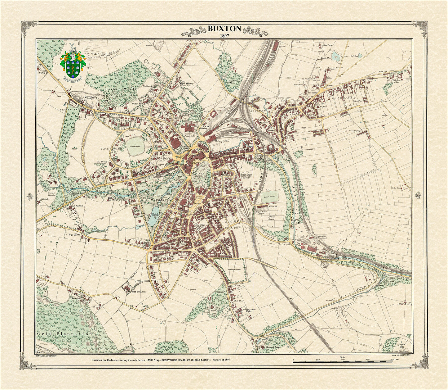 Coloured Victorian map of Buxton in 1897 by Peter J Adams of Heritage Cartography