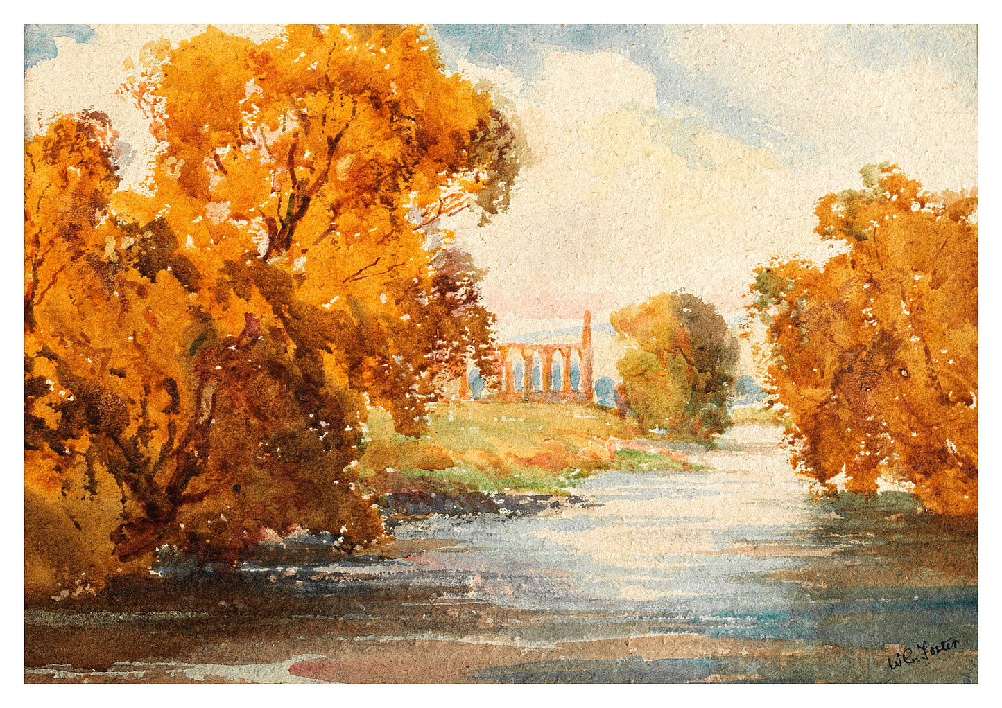 Reproduction watercolour painting of Bolton Abbey by Walter C Foster