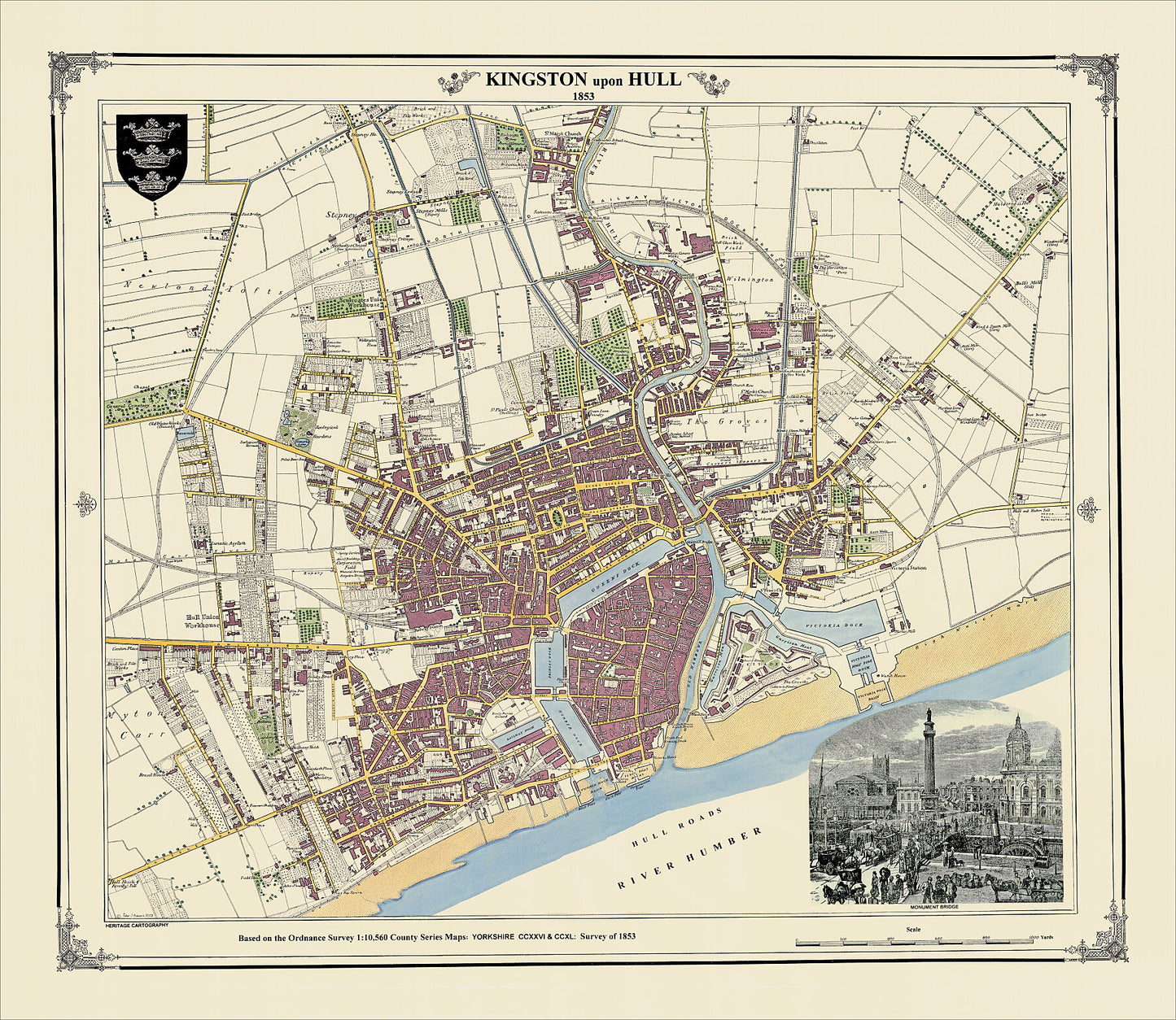 Coloured Victorian map of Kingston upon Hull in 1853 by Peter J Adams of Heritage Cartography
