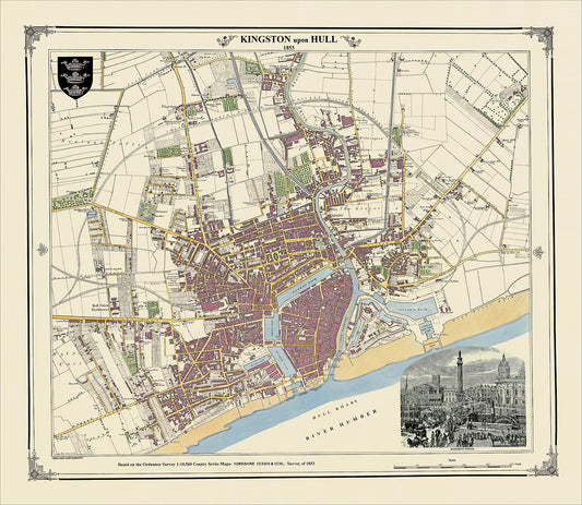 Coloured Victorian map of Kingston upon Hull in 1853 by Peter J Adams of Heritage Cartography