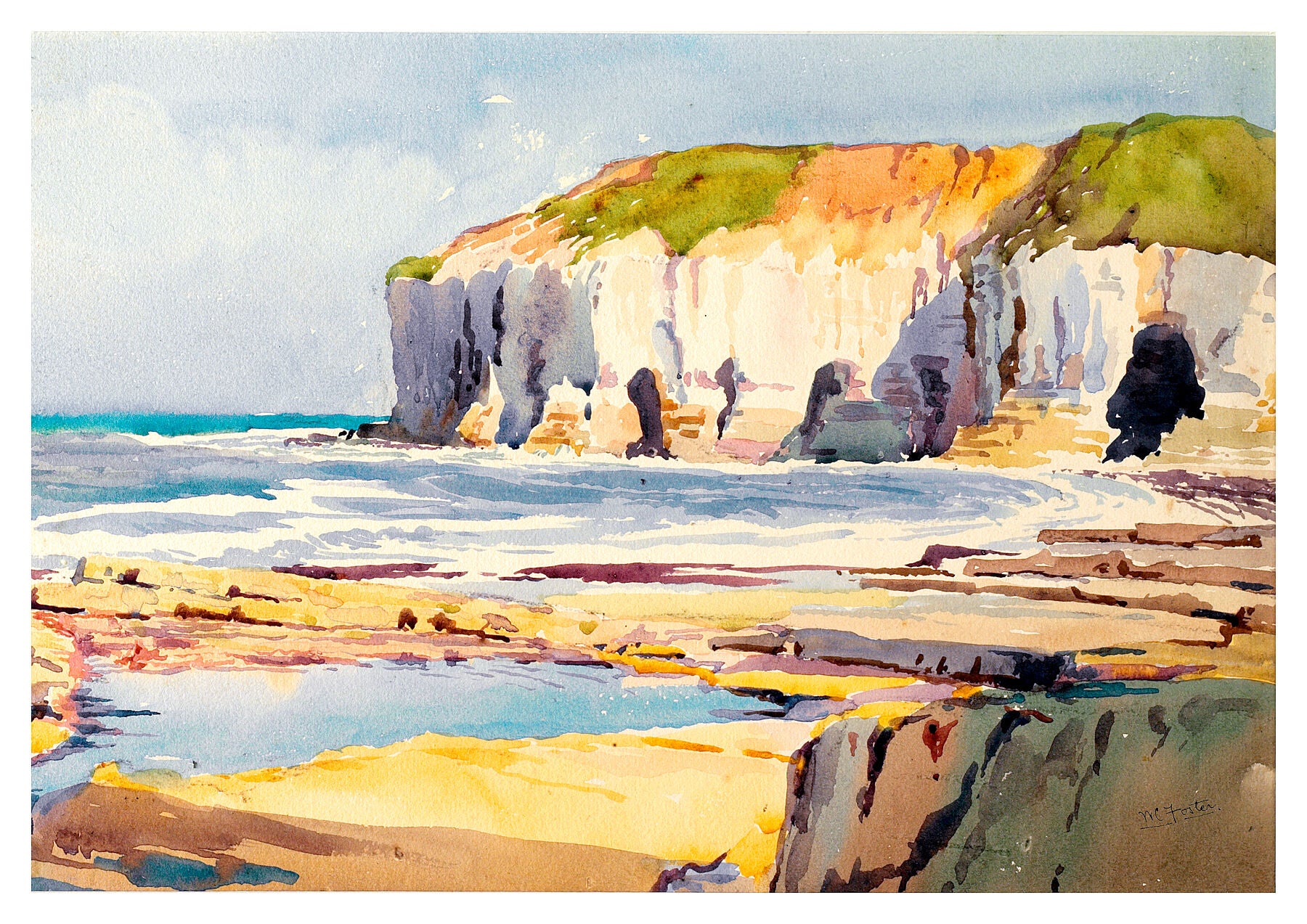 Reproduction watercolour painting of Smugglers Cave, North Landing Beach by Walter C Foster