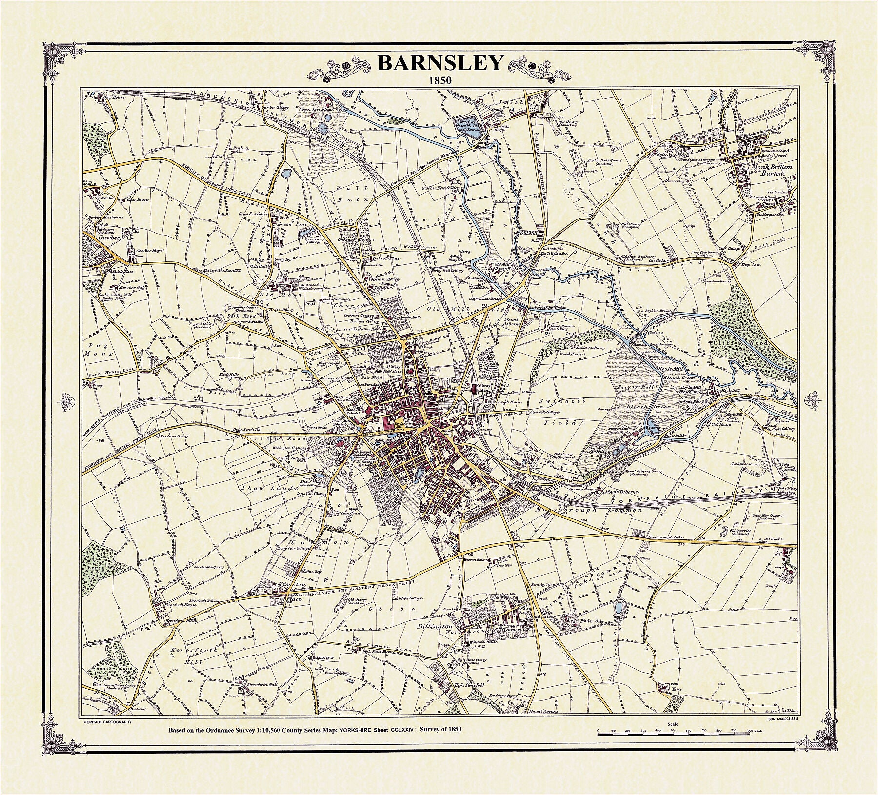 Coloured Victorian map of Barnsley in 1850 by Peter J Adams of Heritage Cartography